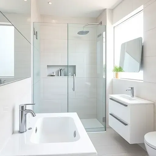 Renovated small Torrance bathroom with white ceramic sink, glass shower, neutral tiles, and modern fixtures.