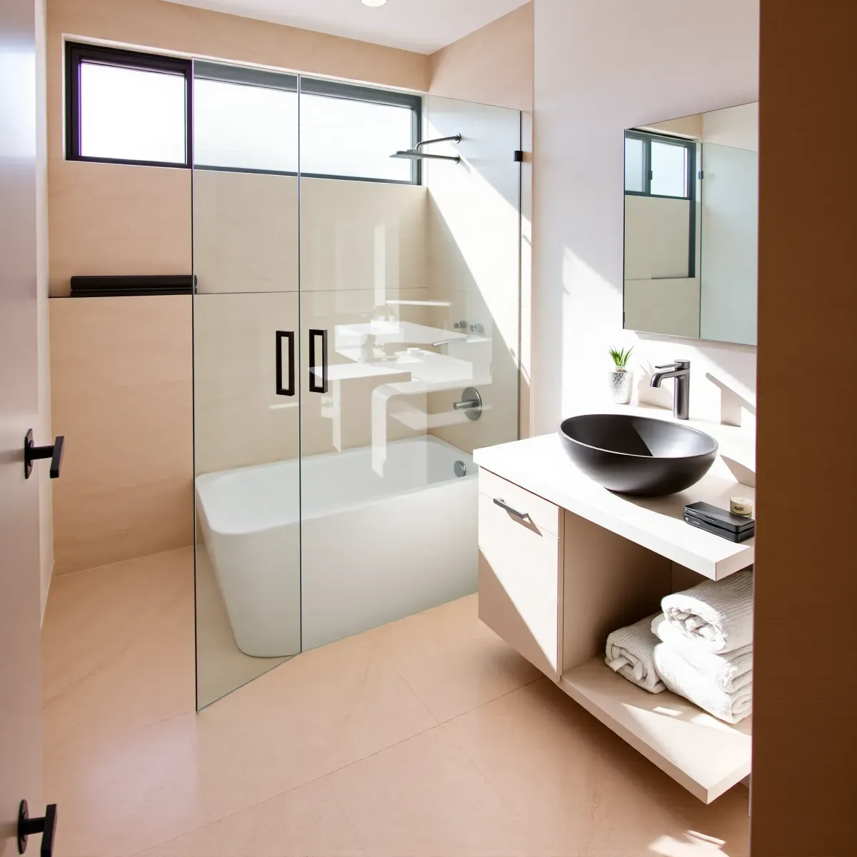 Renovated small bathroom in South LA with marble shower, matte black faucet, vessel sink, and modern decor.