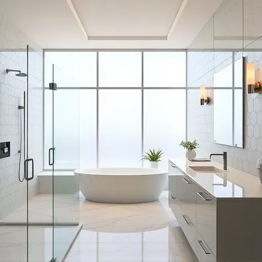 Beautiful modern master bathroom in Los Angeles with walk-in glass shower, soaking tub, marble vanity, city views