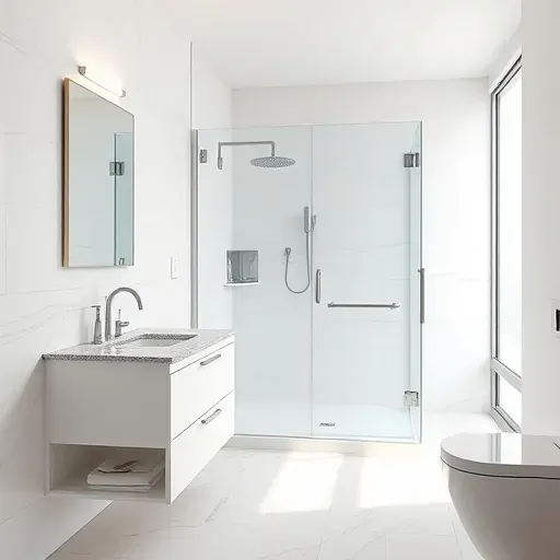 Finished small bathroom in Baldwin Hills with modern vanity, glass shower, marble flooring, and sleek fixtures.