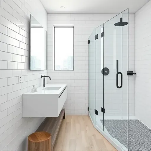 Remodeled small Los Angeles bathroom with modern fixtures, white subway tiles, marble vanity, glass shower, and city view
