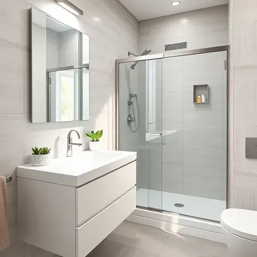 Renovated small modern bathroom in Century City with sleek fixtures, neutral tiles, glass shower, and greenery accents