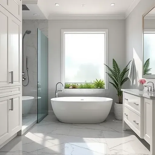 Modern bathroom remodel in Gardena CA features gray marble flooring, custom white cabinetry, and elegant glass shower.