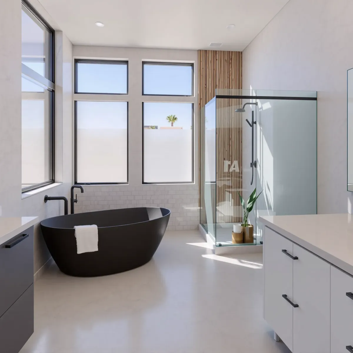 Beautiful renovated Hawthorne bathroom with walk-in shower, marble countertops, modern fixtures, and soft natural lighting.