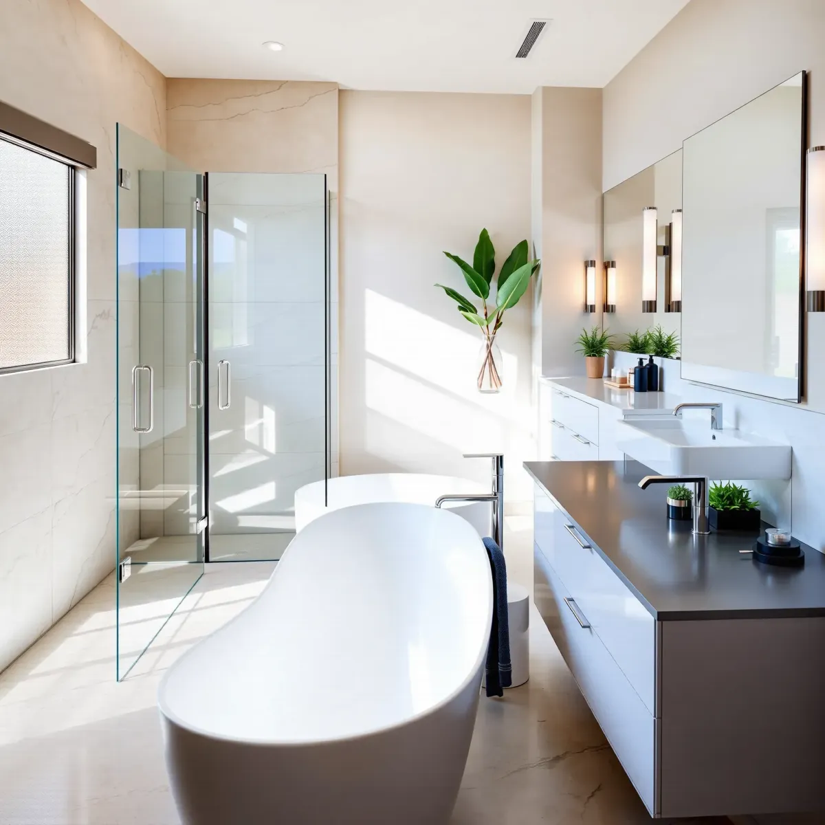 Newly renovated West LA bathroom with soaking tub, modern fixtures, marble countertops, and elegant lighting.
