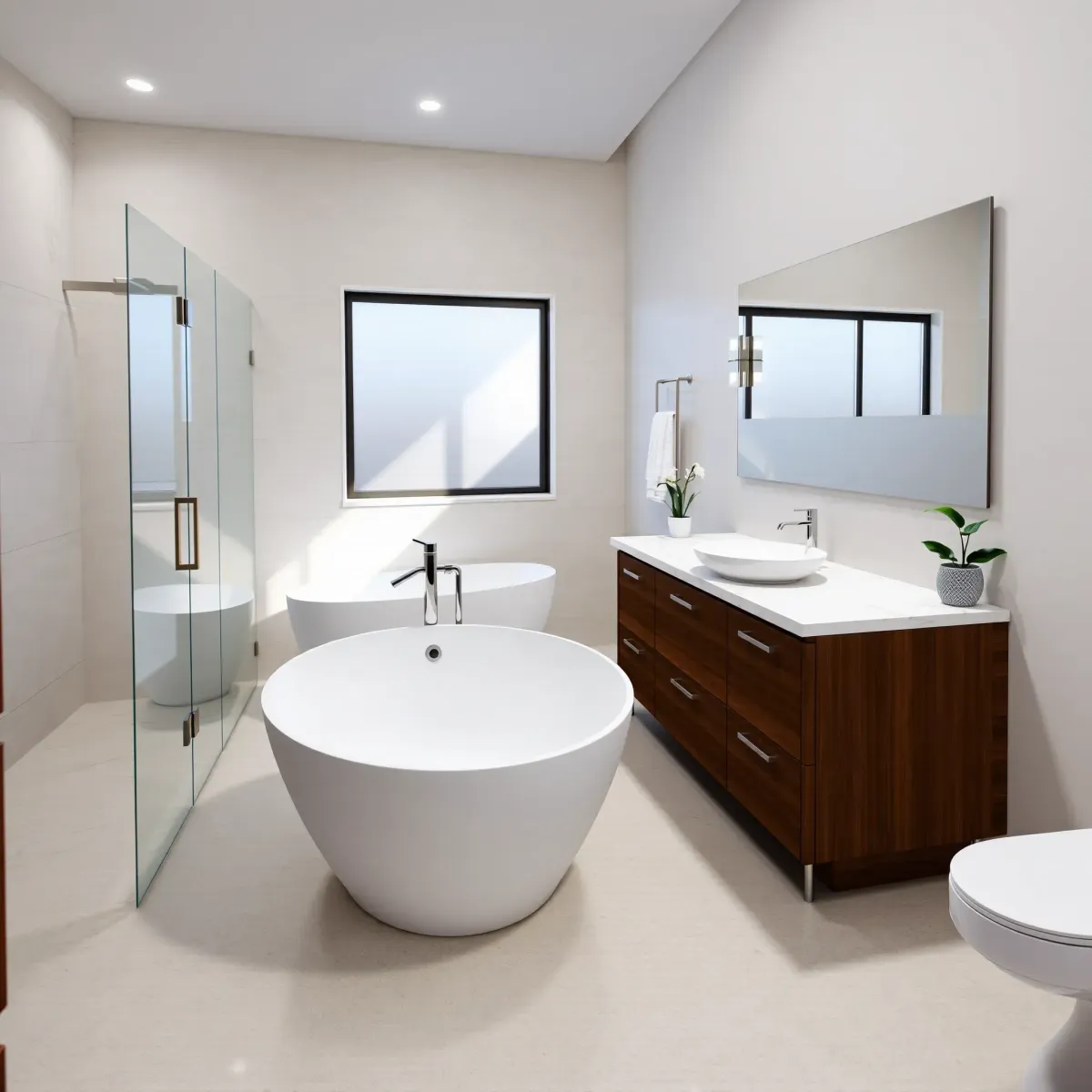 Renovated South LA bathroom with walk-in shower, freestanding tub, marble accents, modern fixtures, and natural light.