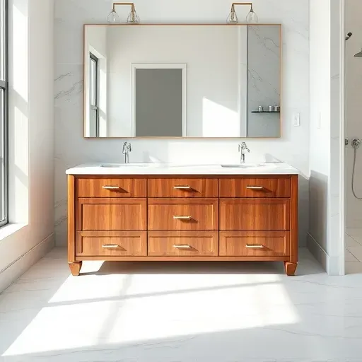 Custom modern bathroom vanity in Los Angeles with marble countertop, wooden design, large mirror, tiled wall, and natural daylight