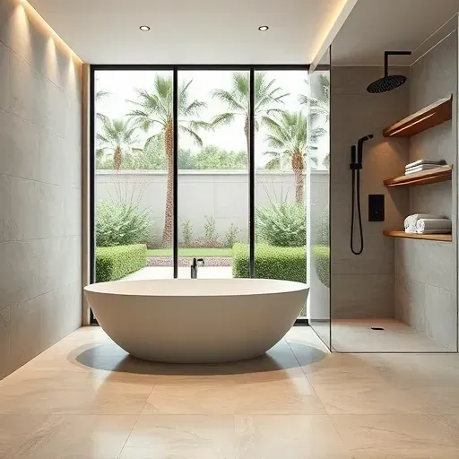 Luxurious Los Angeles spa bathroom with soaking tub, rainfall shower, lush garden view, neutral stone tiles, and calming lighting