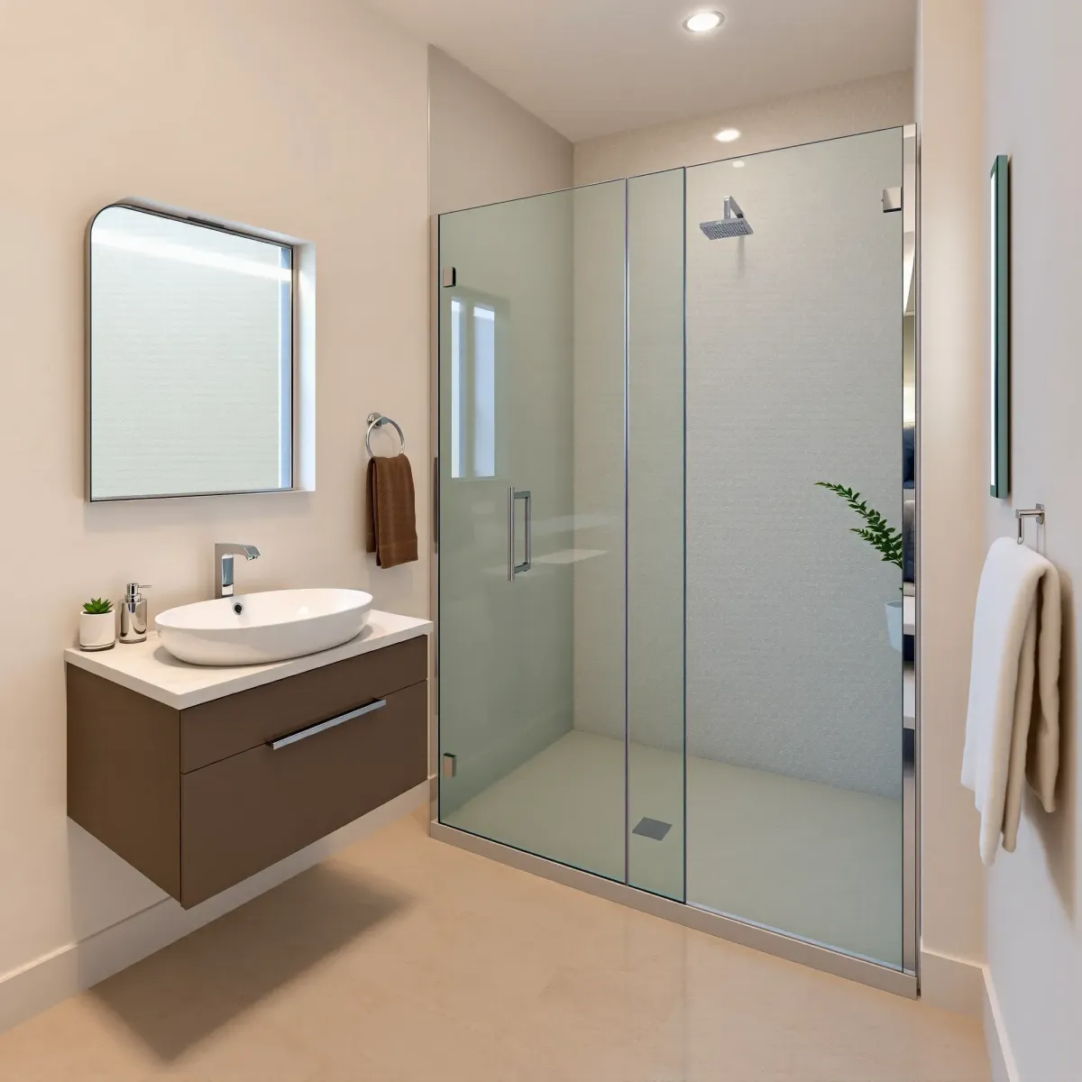 Recently remodeled small Marina del Rey bathroom with modern fixtures, sleek vanity, frameless shower, and natural light.