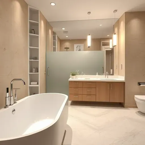 Bathroom remodeling in Jefferson Park CA featuring a modern tub, marble flooring, double vanity, and elegant lighting.