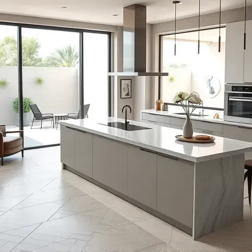 Contemporary LA kitchen with large-format ceramic tile backsplash and island in herringbone pattern, enhanced by natural light