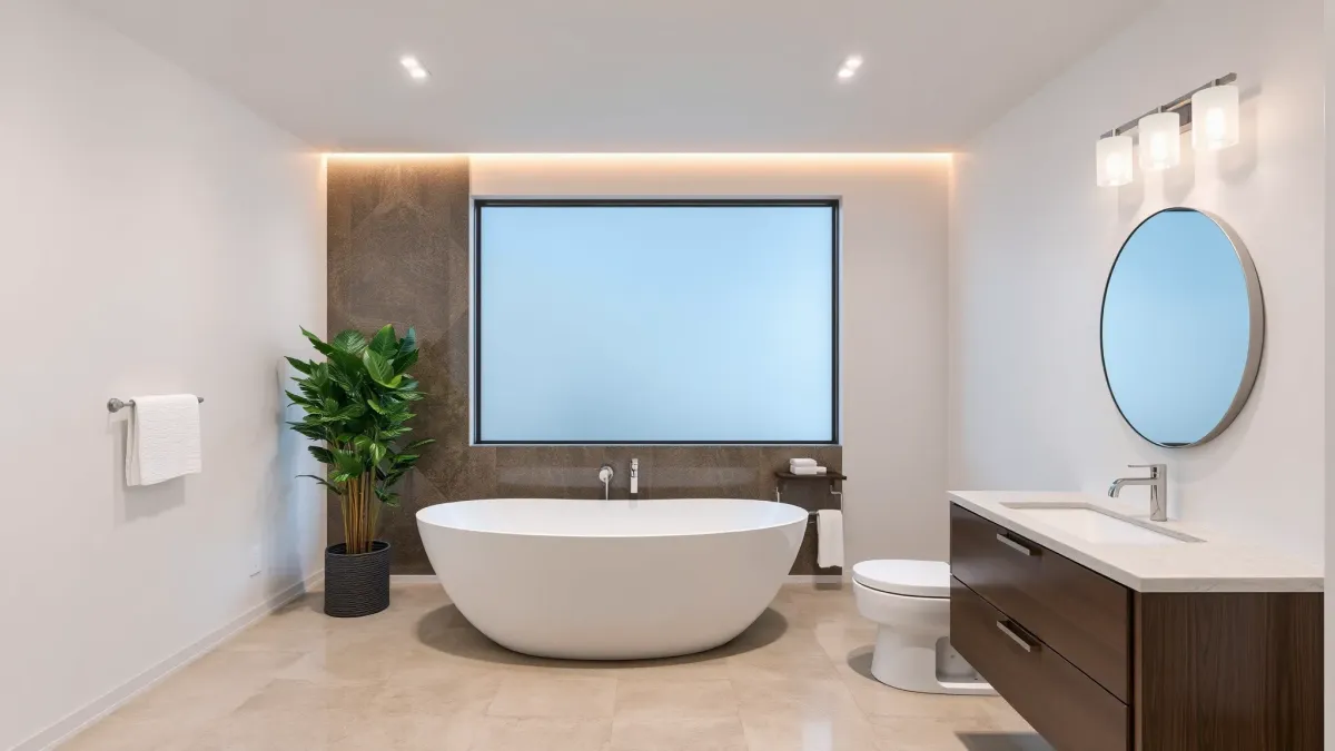 Luxurious renovated West LA bathroom with modern fixtures, marble accents, walk-in shower, freestanding tub, and sleek design.