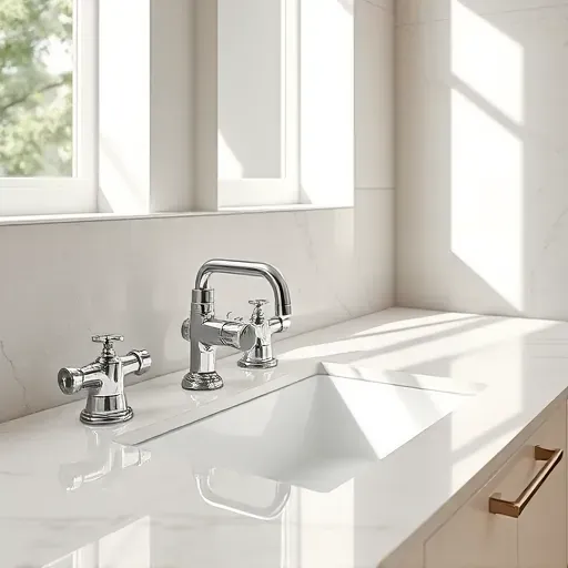 Modern Los Angeles bathroom with polished chrome pipes, valves, and faucets on a marble countertop with neutral tiled background