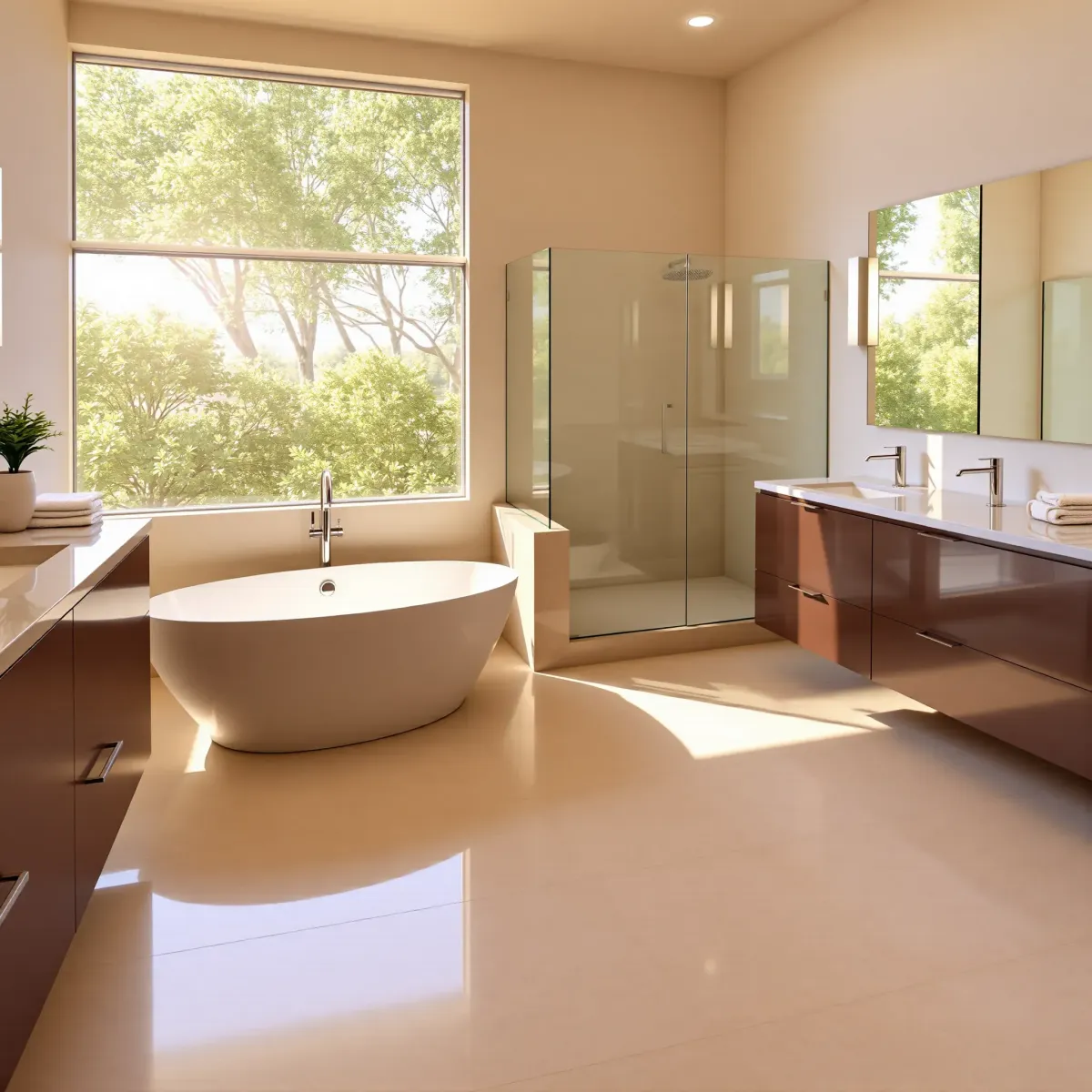 Modern Jefferson Park bathroom with walk-in shower, freestanding tub, sleek fixtures, natural light, lush greenery view.