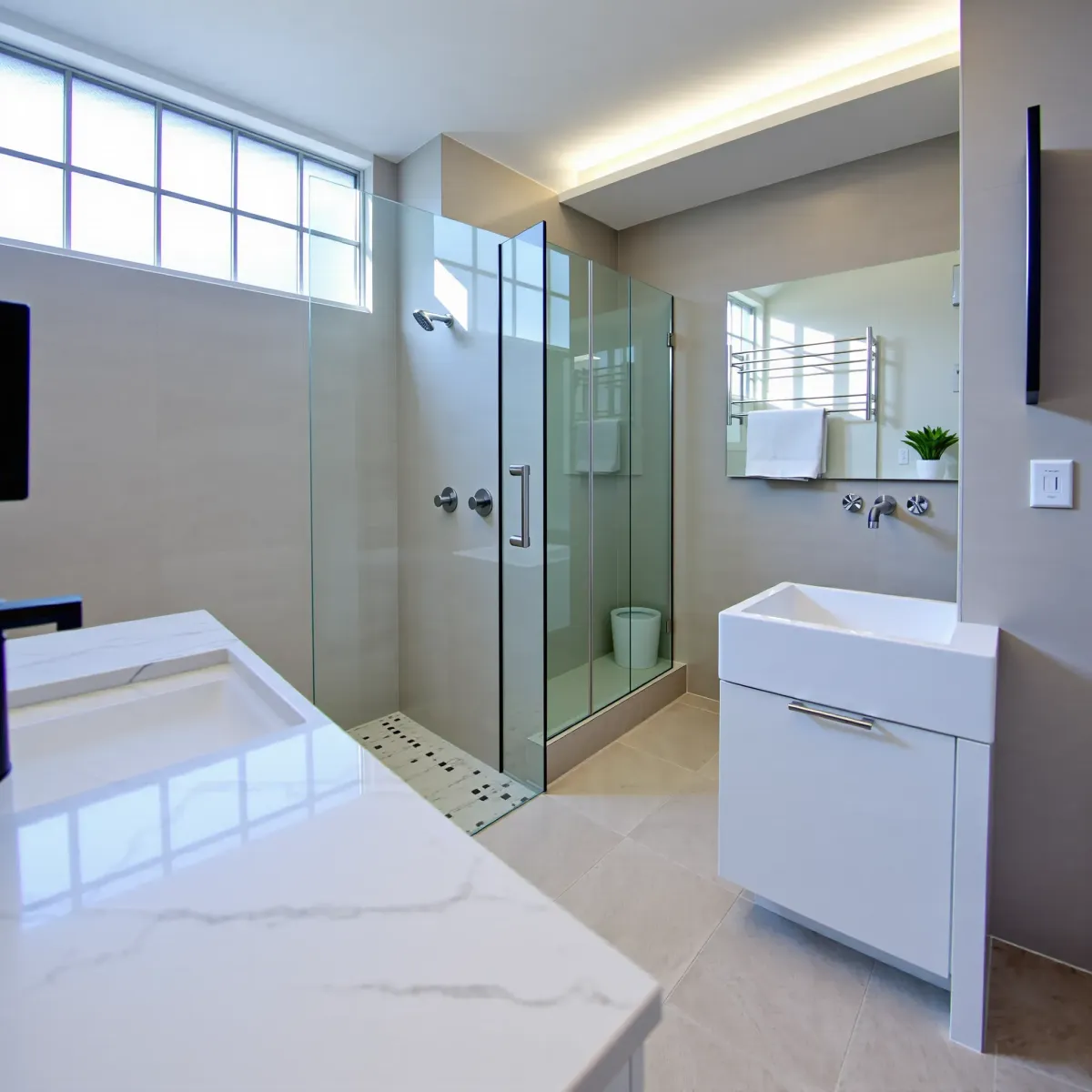 Renovated small bathroom in Inglewood, CA, with modern fixtures, marble countertop, glass shower, and stylish decor.
