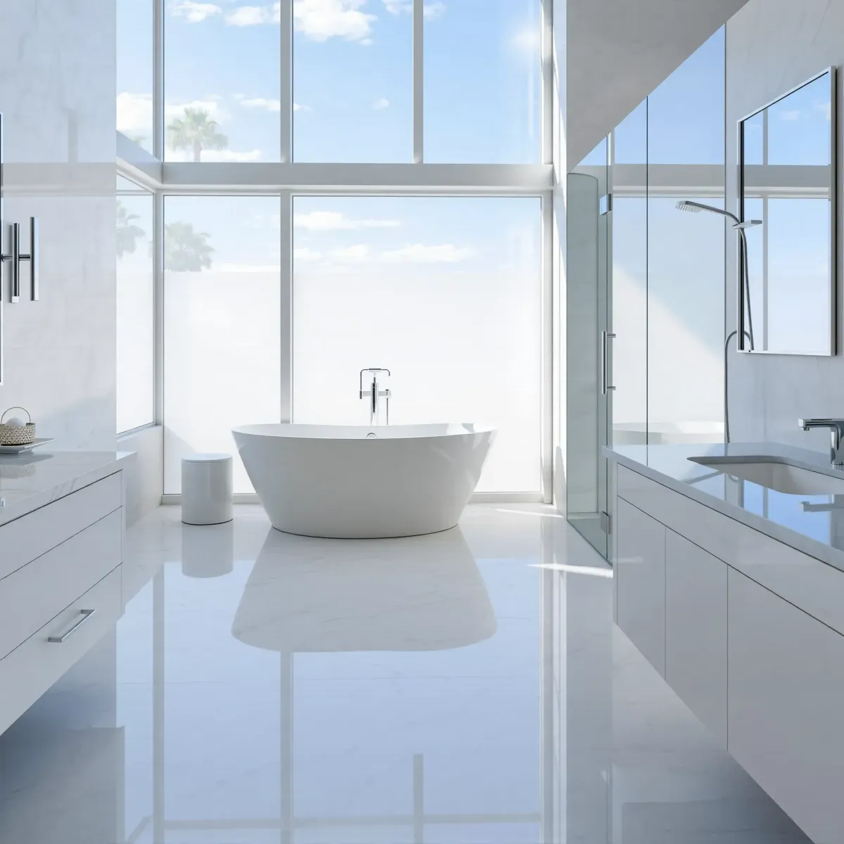 Modern Santa Monica bathroom with large windows showing beach views, freestanding tub, walk-in shower, and coastal-inspired decor.