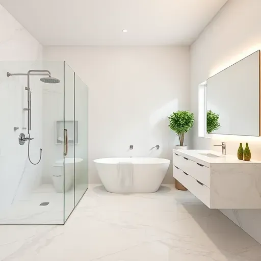 Modern Lawndale bathroom remodel with sleek finishes, freestanding tub, spacious shower, and elegant decor.