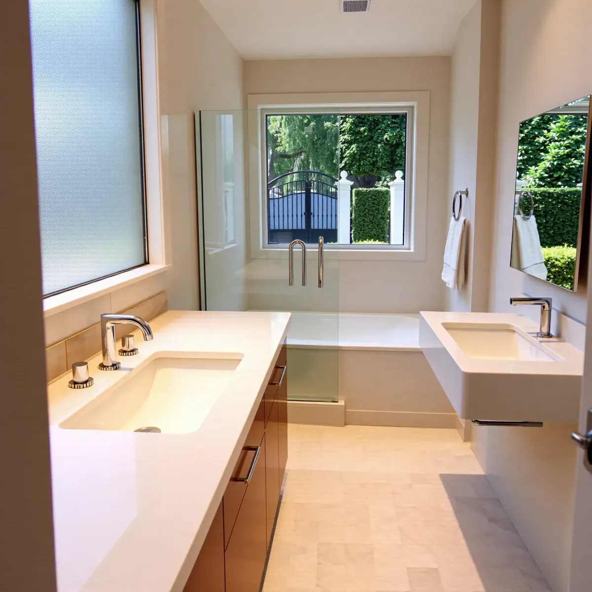 Renovated Beverly Hills bathroom with marble countertops, glass shower, undermount sink, and lush neighborhood view.