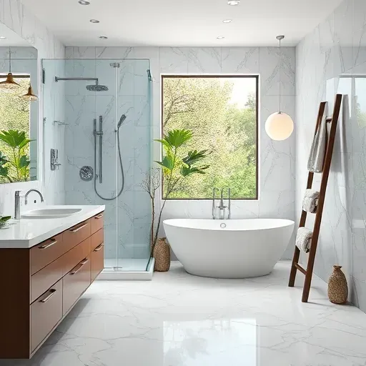 Bathroom remodel in Windsor Hills CA features marble countertops, chrome fixtures, shower, freestanding tub, and warm lighting.