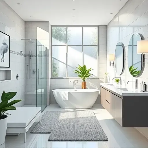 Completed bathroom remodel in South Los Angeles with modern fixtures, walk-in shower, and freestanding tub.