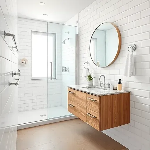 Freshly renovated small bathroom in Redondo Beach with modern design, white subway tiles, and a frameless glass shower.