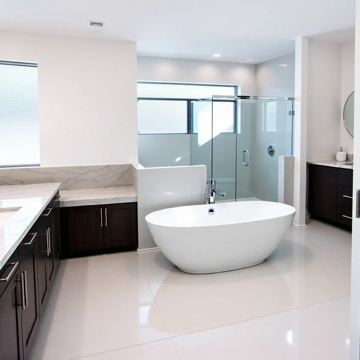 Luxurious renovated Windsor Hills, CA bathroom featuring marble countertops, glass shower, soaking tub, and elegant decor.