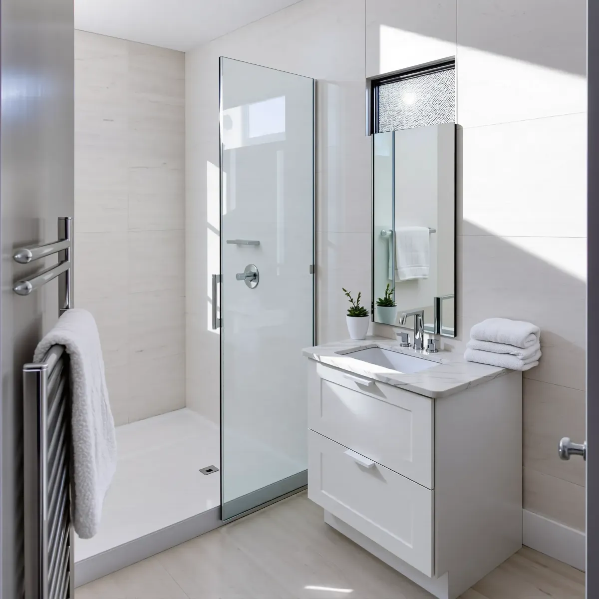 Remodeled small Torrance bathroom with floating vanity, vessel sink, subway tiles, walk-in shower, and elegant design.