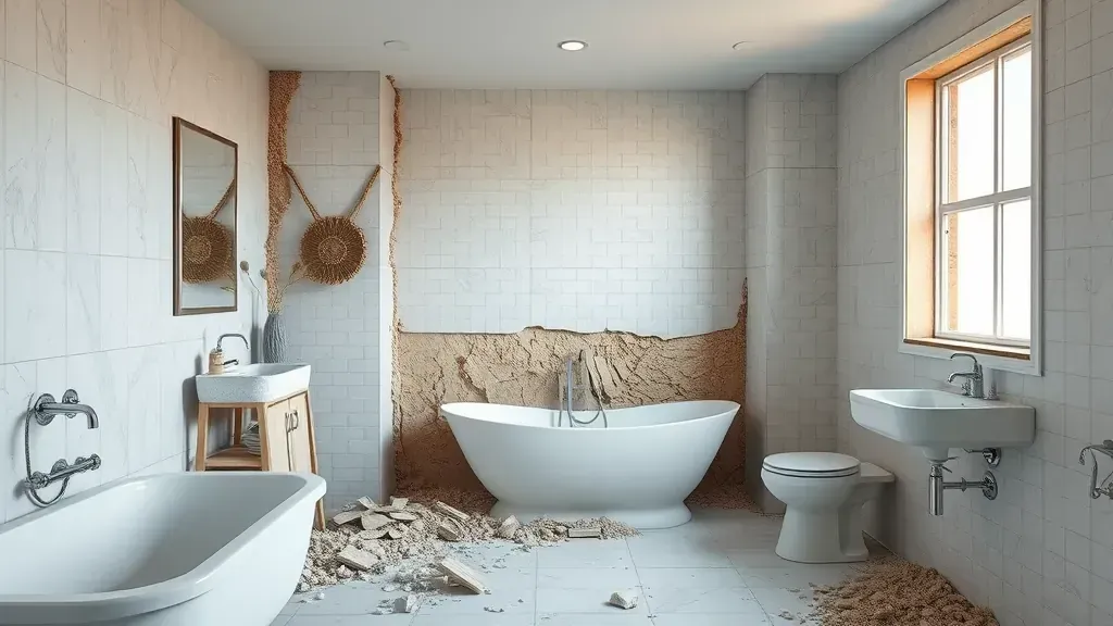 Bathroom demolition project in Los Angeles CA showcasing tools and debris from an ongoing renovation.