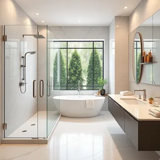 Luxurious bathroom remodeling in Hyde Park CA with a spacious walk-in shower, freestanding tub, and ambient lighting.