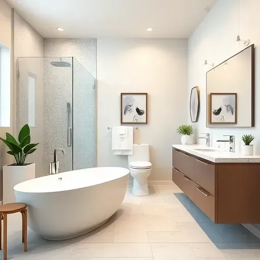 Elegant remodeled bathroom in Gardena CA with modern bathtub, glass shower, dual sink vanity, and stylish decor.