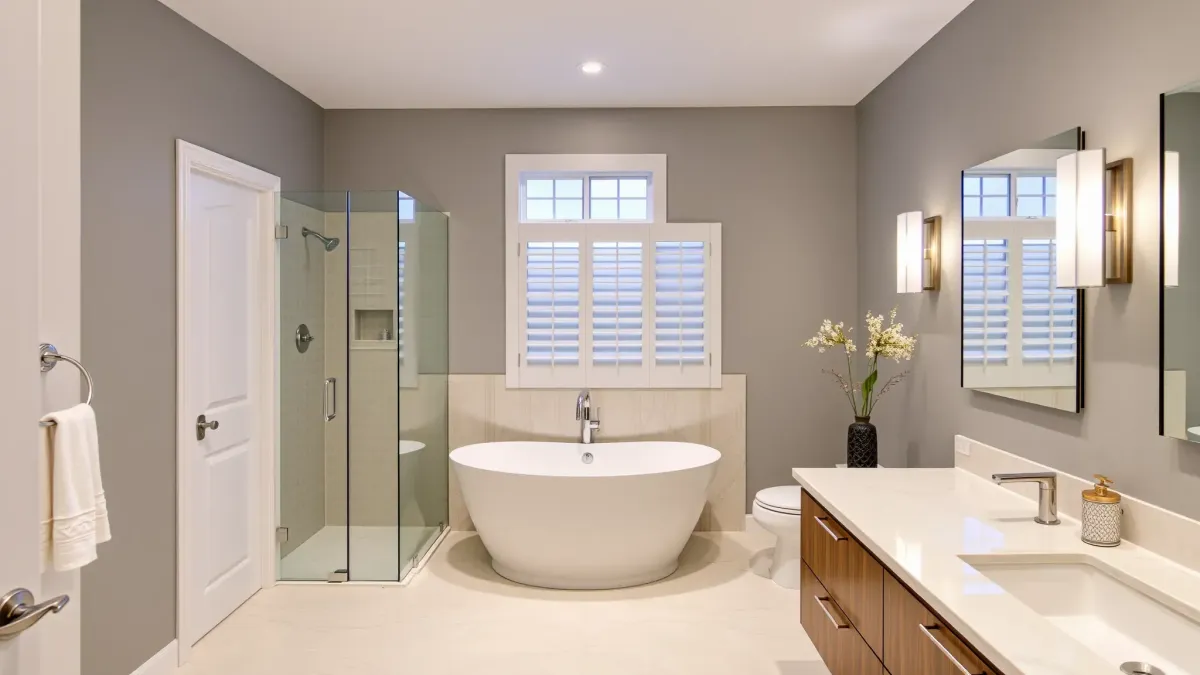 Beautiful Playa Vista bathroom remodel with modern features, frameless glass shower, soaking tub, and natural light.
