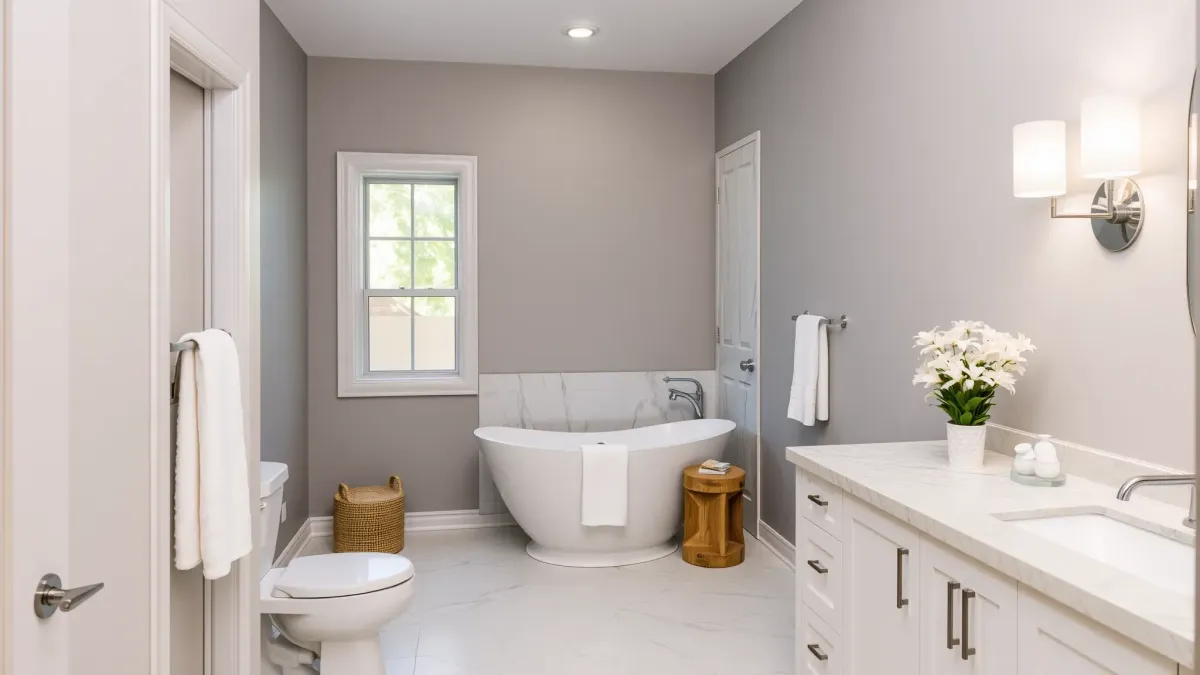 Bright, modern renovated Fairfax District bathroom with walk-in shower, sleek fixtures, and elegant aqua tiles.