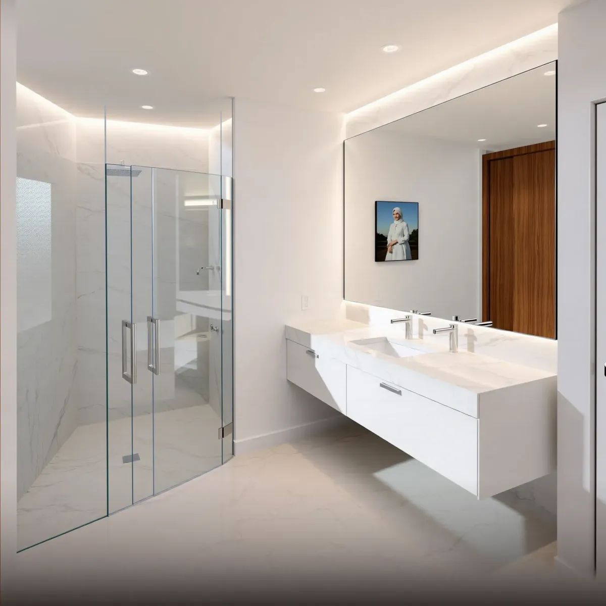 Modern bathroom in Westchester, CA with a walk-in shower, freestanding tub, marble vanity, and sleek fixtures.
