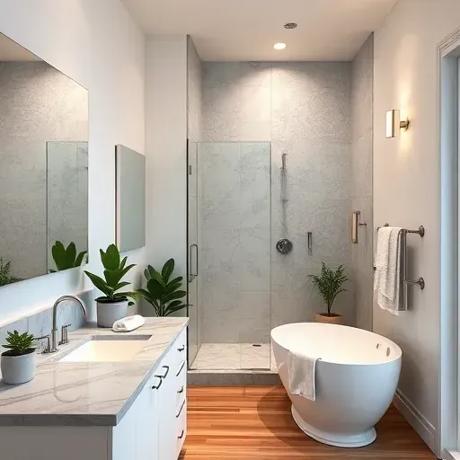 Modern bathroom remodel in Harvard Heights CA with gray marble counters, chrome fixtures, walk-in shower, and elegant design.