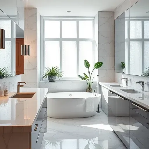 Modern bathroom remodel in Century City, CA with marble countertops, chrome fixtures, freestanding tub, and ambient lighting.