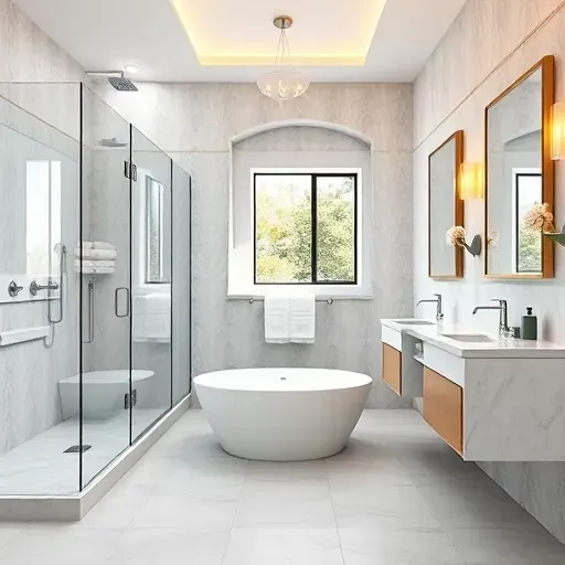 Luxurious remodeled bathroom in Rancho Park CA featuring a walk-in shower, freestanding tub, and elegant design.
