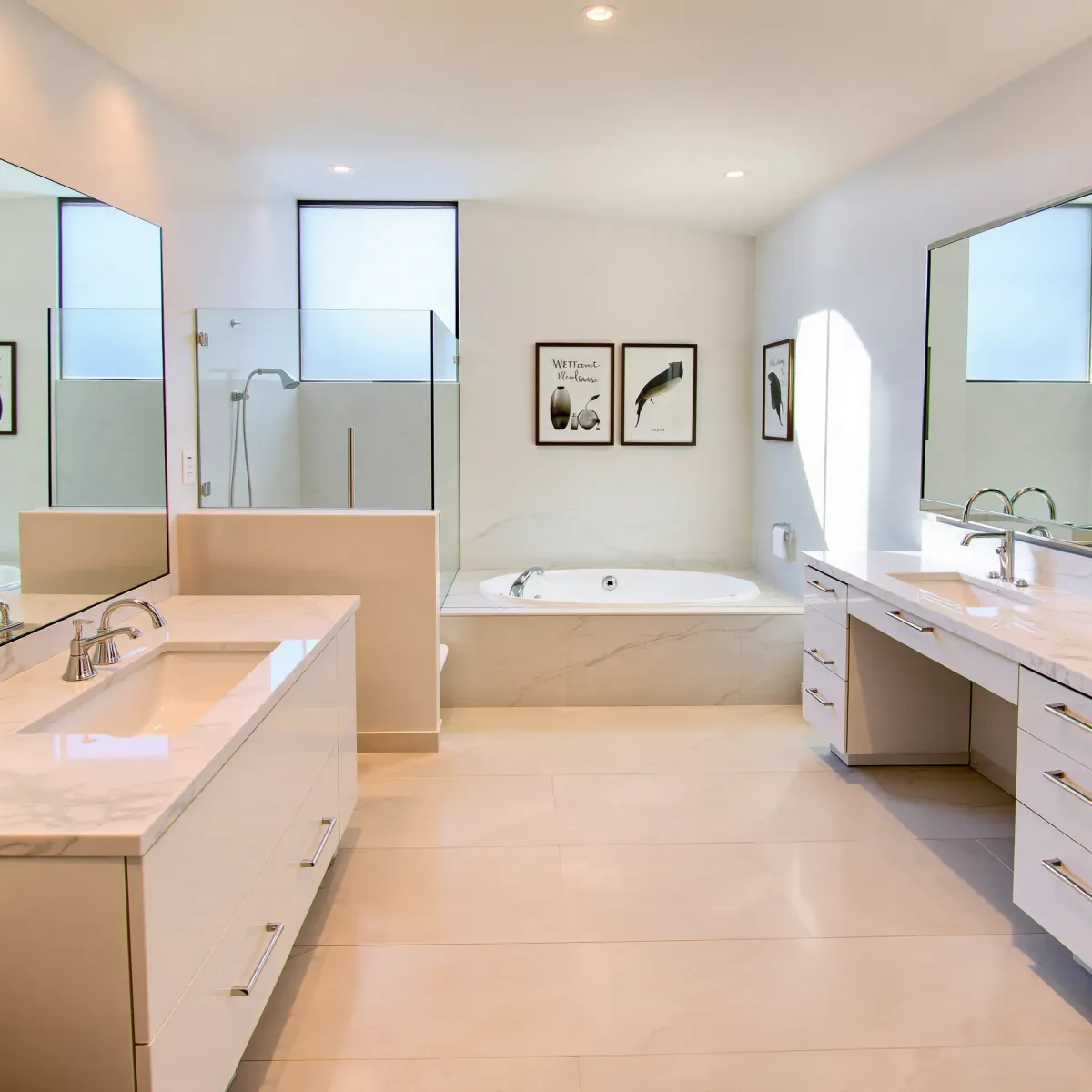 Spacious Windsor Hills bathroom with a floating vanity, walk-in shower, soaking tub, large windows, and modern sleek finishes.