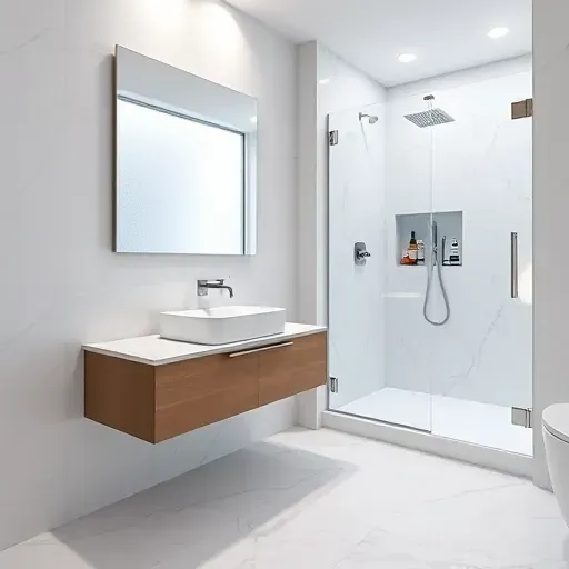 Renovated small Mid Wilshire bathroom with marble tiles, floating vanity, walk-in shower, natural light, and modern fixtures