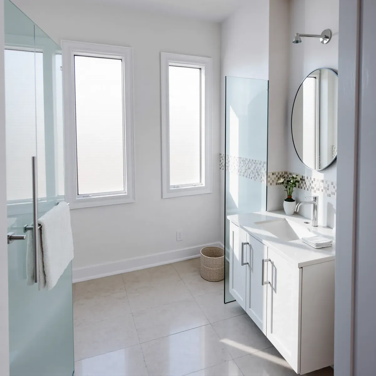 Renovated small bathroom in View Park, CA with a glass shower, white vanity, marble top, oval mirror, and warm natural light.
