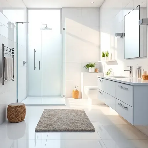 Renovated small bathroom in Los Angeles with modern fixtures, glass shower, marble counters, and natural sunlight.