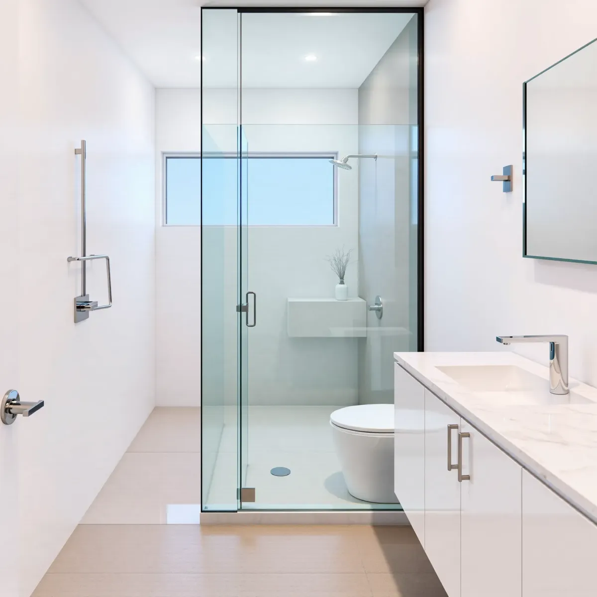 Recently remodeled small bathroom in Windsor Hills, CA with modern fixtures, marble vanity, glass shower, and natural lighting.