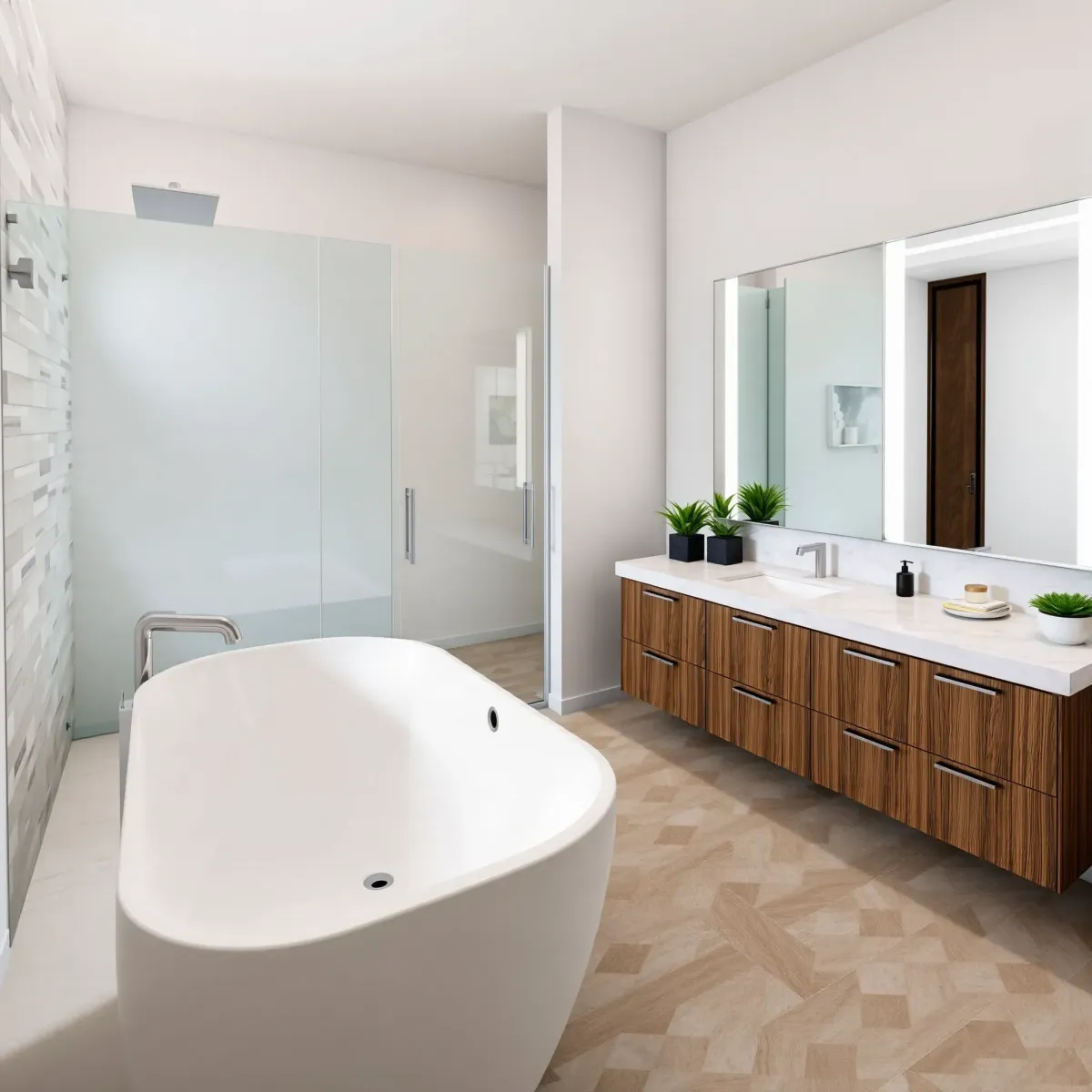 Remodeled Palms, CA bathroom with modern fixtures, freestanding tub, glass shower, marble tiles, and elegant neutral decor.