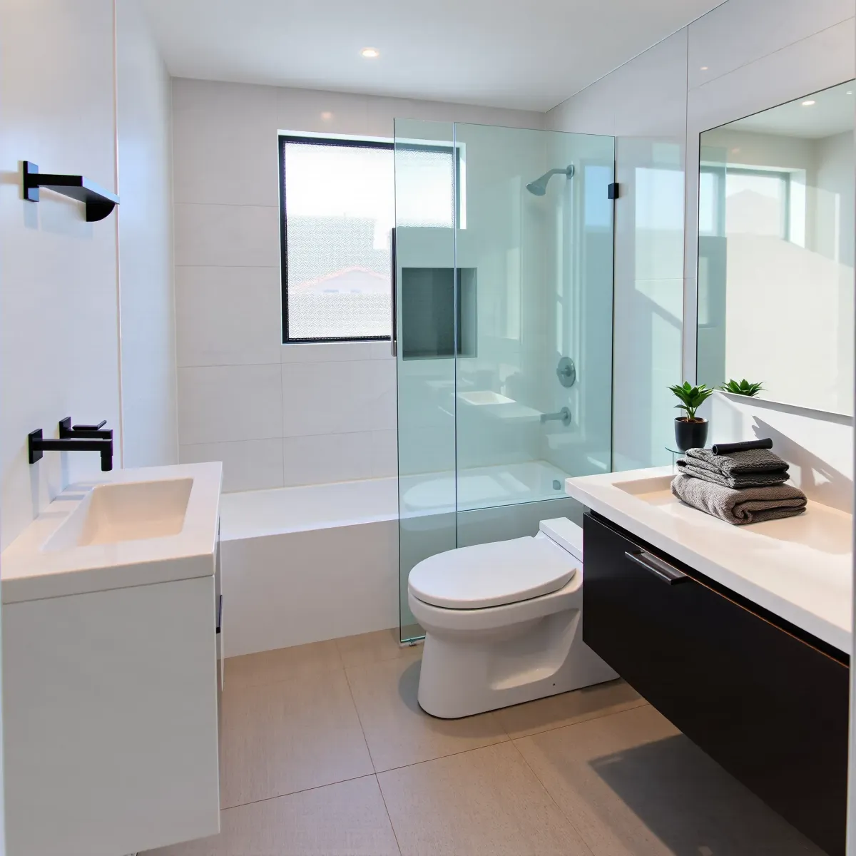 Modern Playa Vista bathroom with sleek fixtures, marble countertop, walk-in shower, neutral tones, and coastal decor.