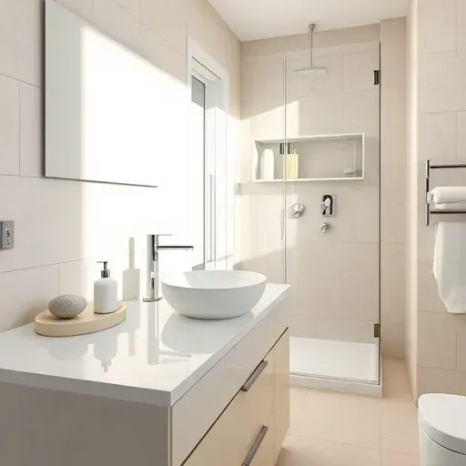 Small renovated Playa Vista bathroom with modern design, white quartz countertop, vessel sink, glass shower, and neutral tones