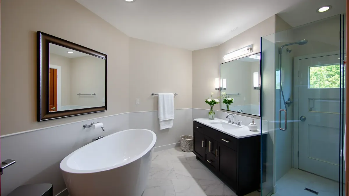 Beautiful renovated View Park bathroom with modern fixtures, marble floors, soaking tub, and sleek, clean design elements.