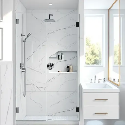 Modern bathroom with custom shower, marble tiles, frameless glass, chrome accents, built-in niche, and natural lighting