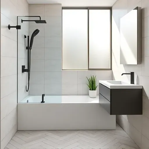 Recently renovated small bathroom in Crenshaw showcasing modern design with white bathtub, black fixtures, and natural lighting.
