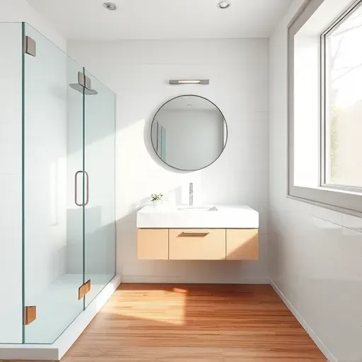 Remodeled small bathroom in Los Angeles with sleek white tiles, glass shower, marble vanity, and soft lighting.