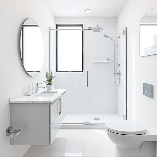 Remodeled small Los Angeles bathroom with modern fixtures, marble vanity, glass shower, natural light, and minimalist design