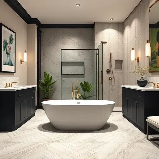 Sophisticated remodeled bathroom in Hyde Park CA with freestanding tub, frameless shower, navy cabinetry, and elegant accents.